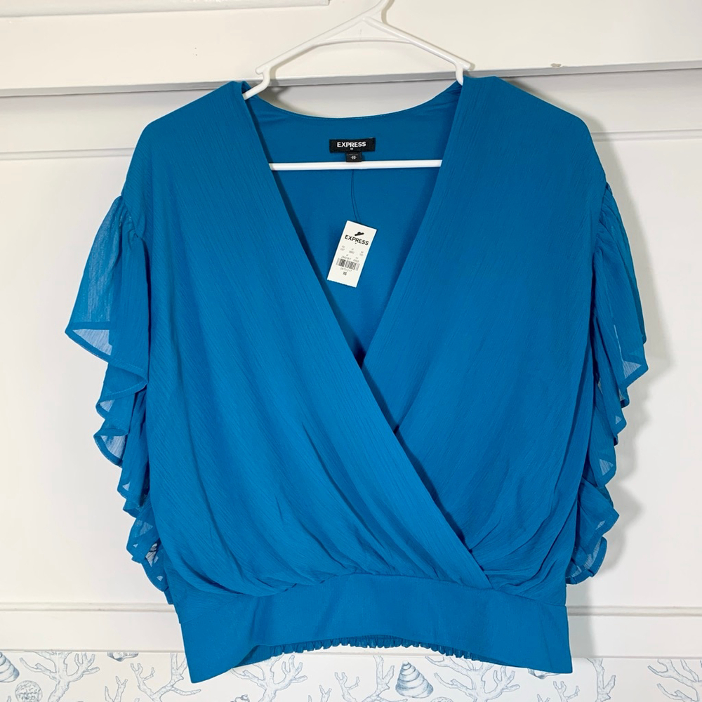 New Express Women Top XS Blue Blouse Flutter Sleeves Faux Wrap Front V Neck NWT